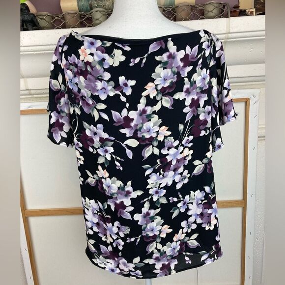 WHBM BNWT elegant purple floral print lined blouse w/ flutter sleeves - Picture 3 of 11